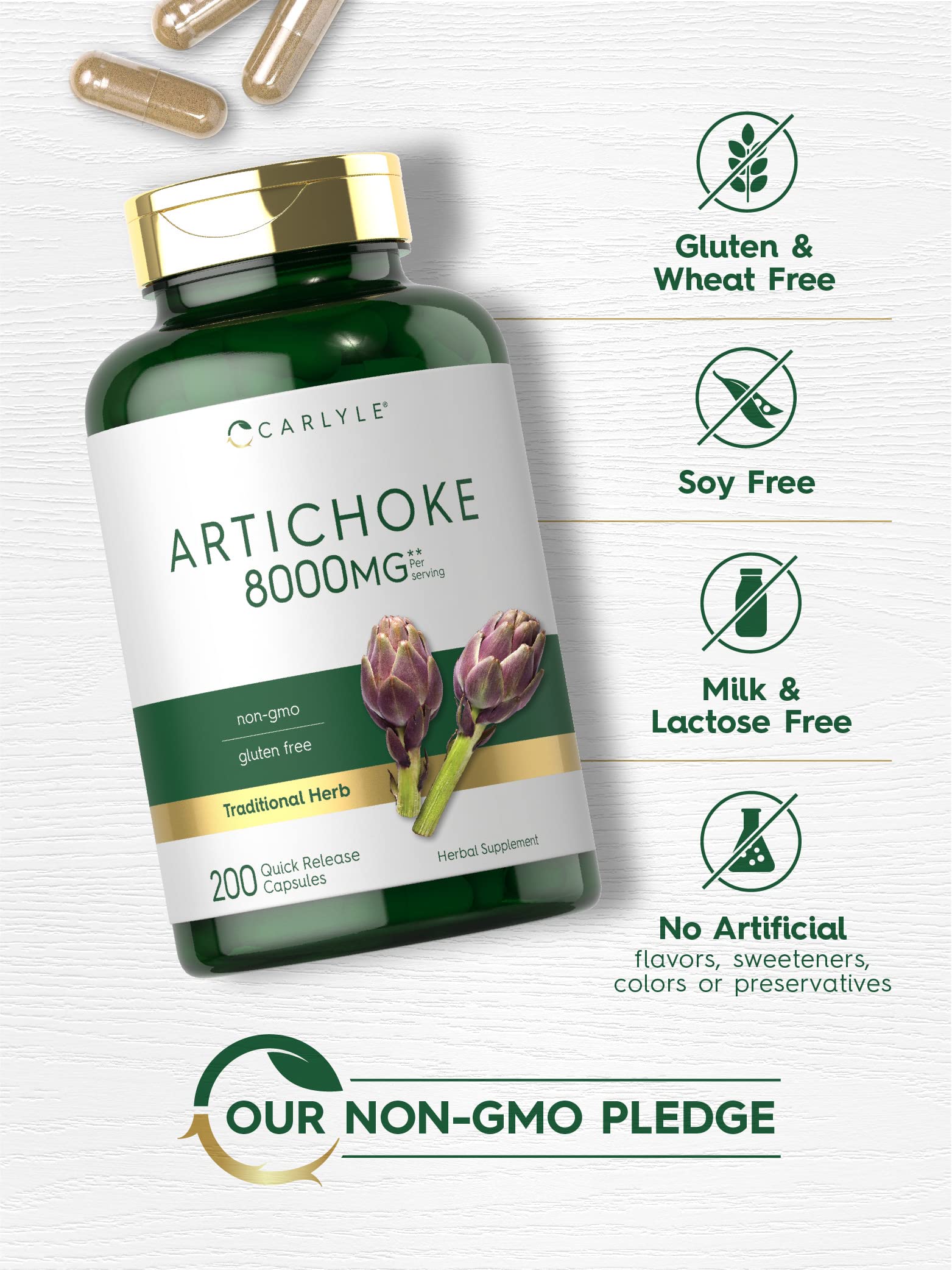 Authentic Carlyle Artichoke Extract capsules side view highlighting liver and digestive health support benefits