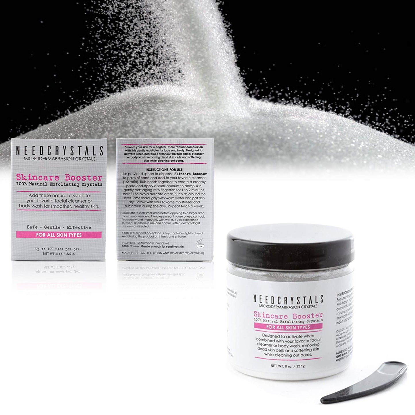 NeedCrystals eight ounce jar showing professional skincare ingredients and instructions