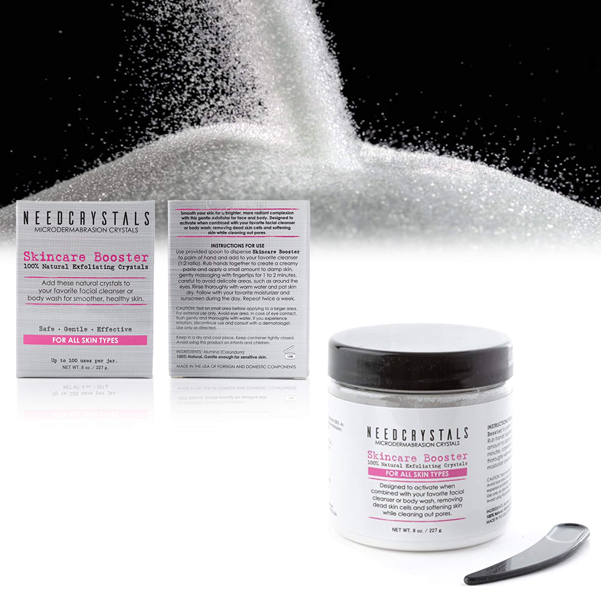 NeedCrystals eight ounce jar showing professional skincare ingredients and instructions