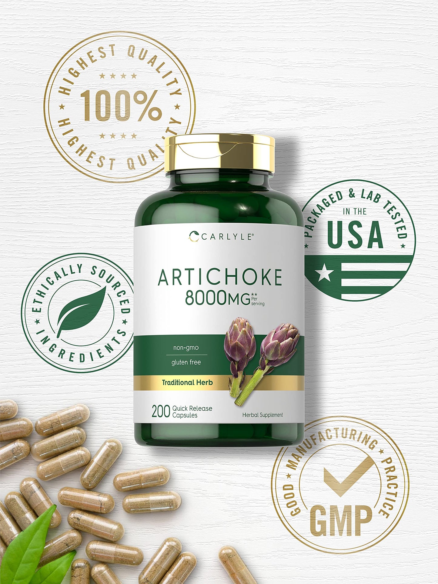 Close up of Carlyle herbal supplement bottle focusing on the eight thousand milligram serving size indication