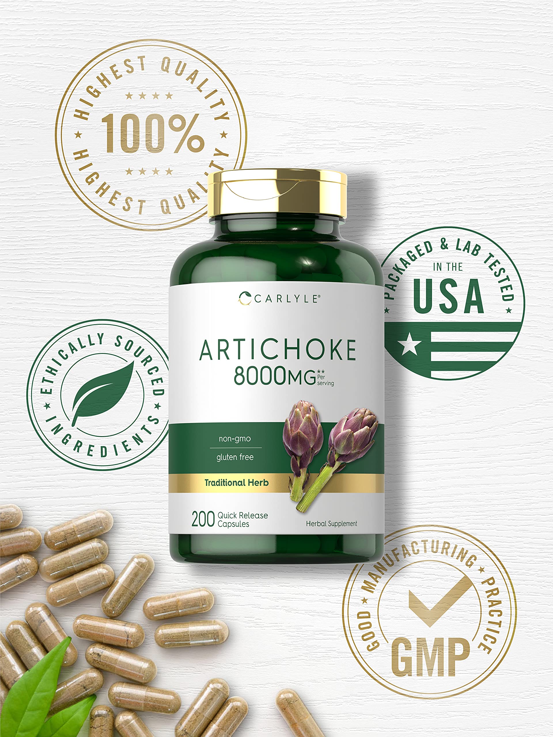 Close up of Carlyle herbal supplement bottle focusing on the eight thousand milligram serving size indication