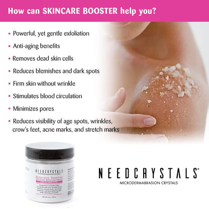NeedCrystals facial exfoliator jar displayed on a clean bathroom counter setup