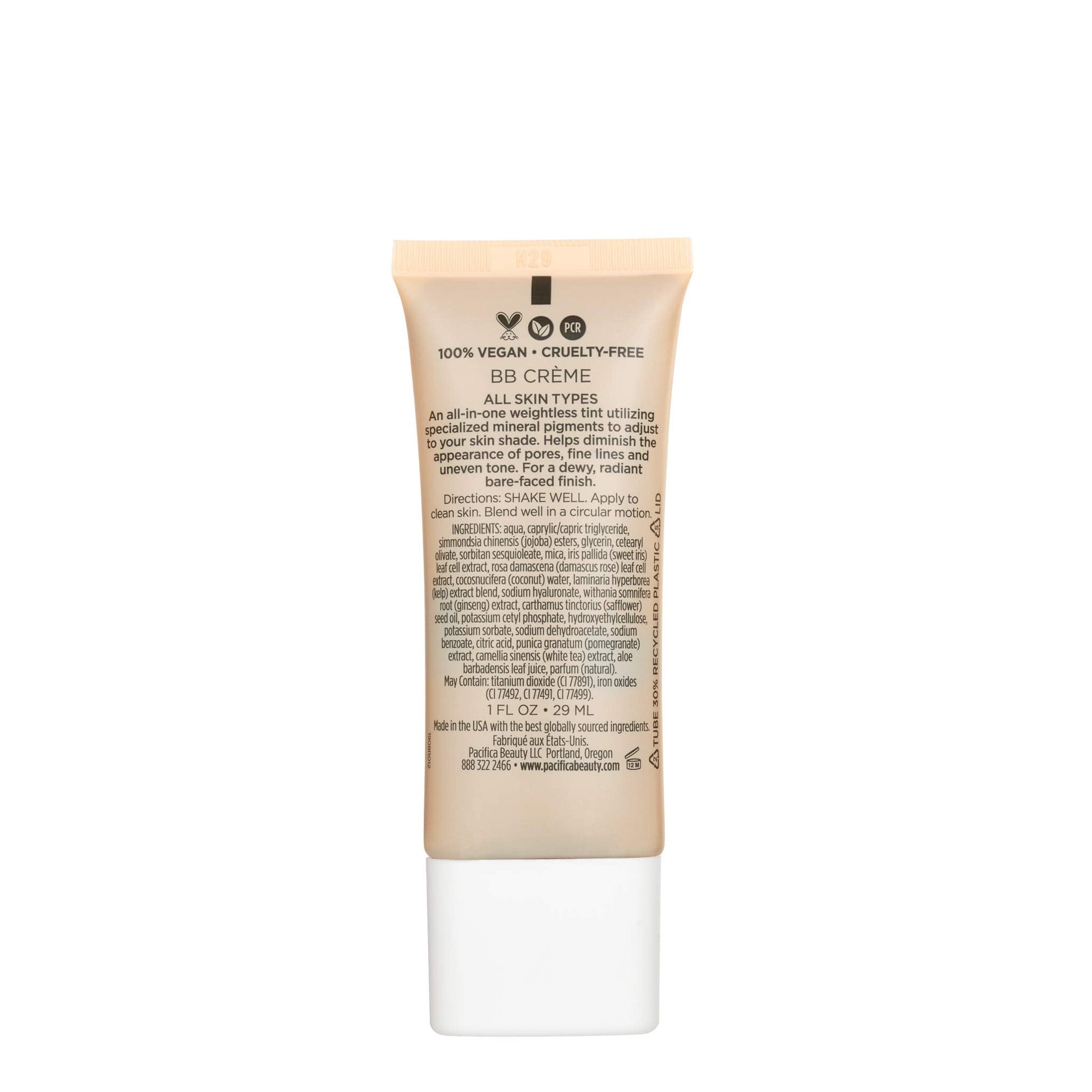 Side angle view of the silicone free multi mineral beauty balm container on a white backdrop