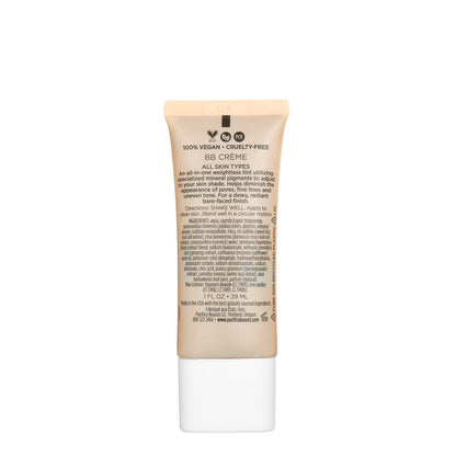 Side angle view of the silicone free multi mineral beauty balm container on a white backdrop