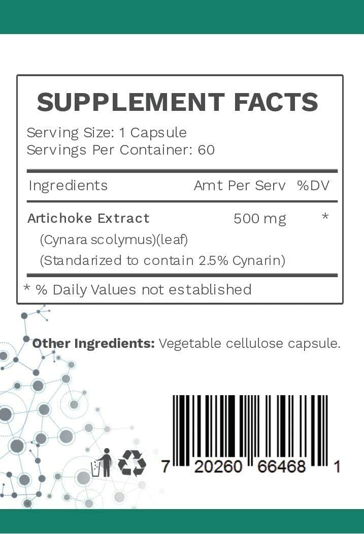 AMG Naturals Artichoke Leaf Extract supplement label detailing 7 mg cynarin content