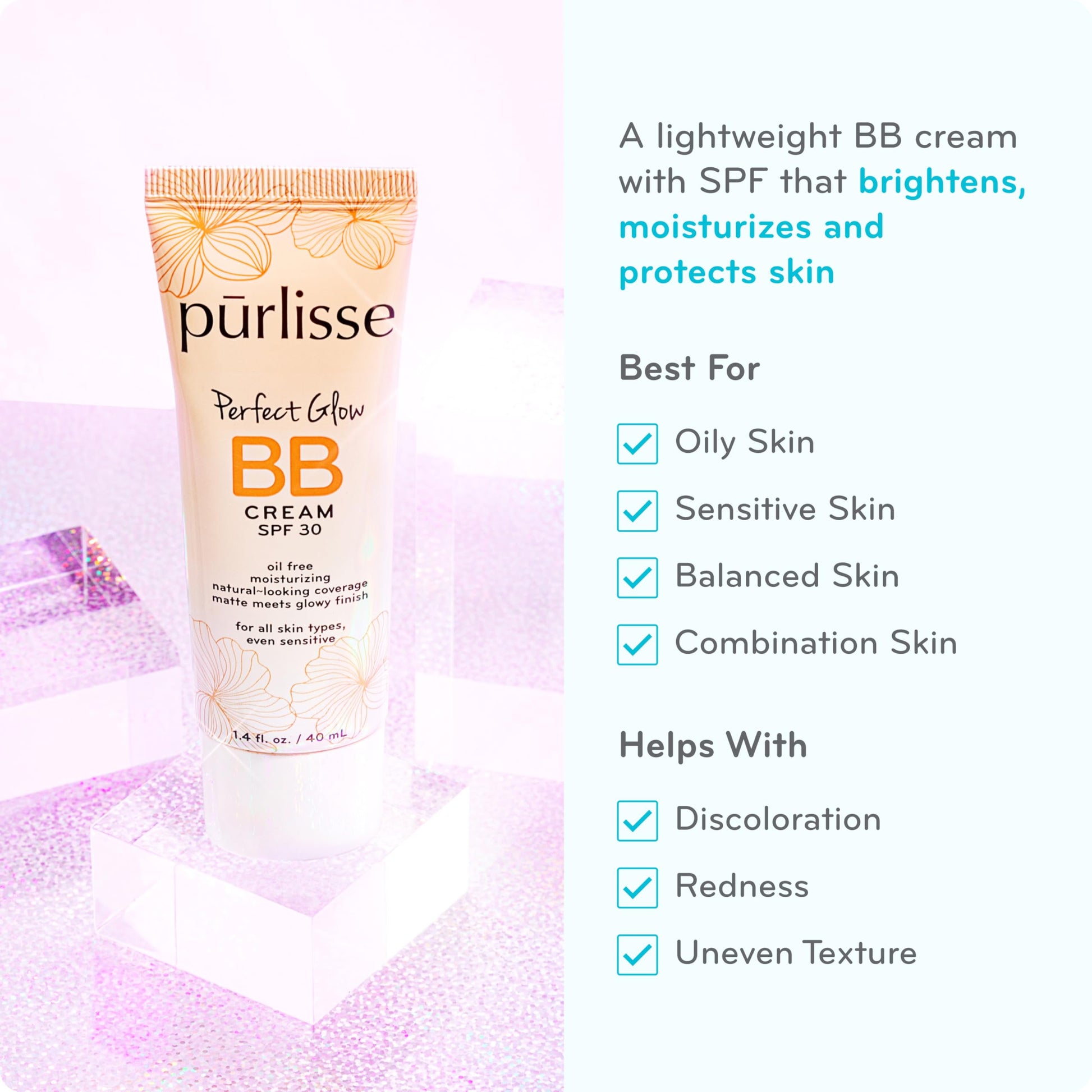Purlisse tinted moisturizer packaging showing SPF 30 and ingredient details.