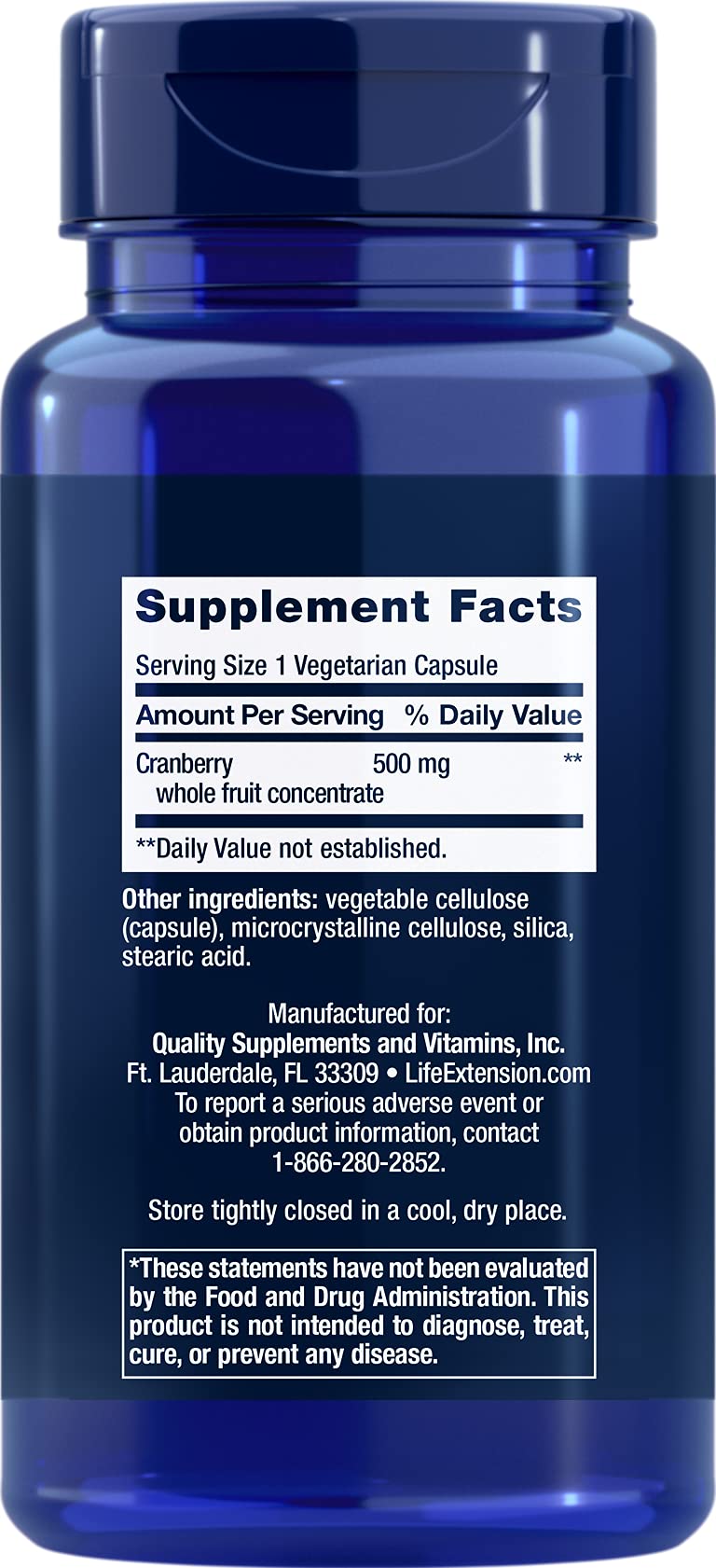 Life Extension cranberry whole fruit concentrate 500 mg supplement label facts and ingredients view