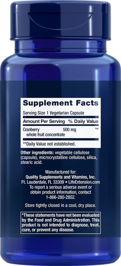 Life Extension cranberry whole fruit concentrate 500 mg supplement label facts and ingredients view