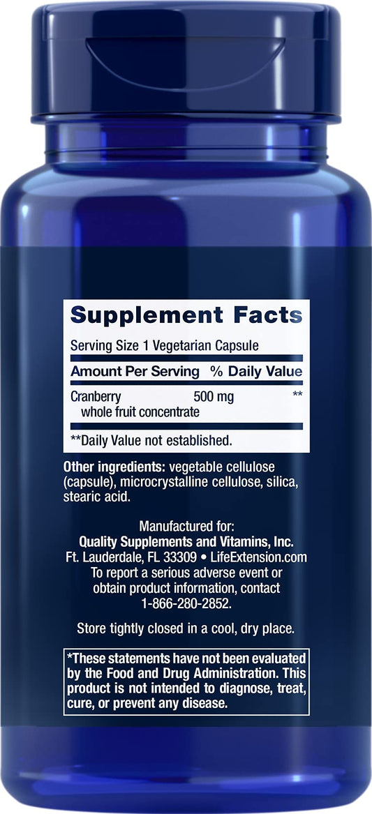 Life Extension cranberry whole fruit concentrate 500 mg supplement label facts and ingredients view