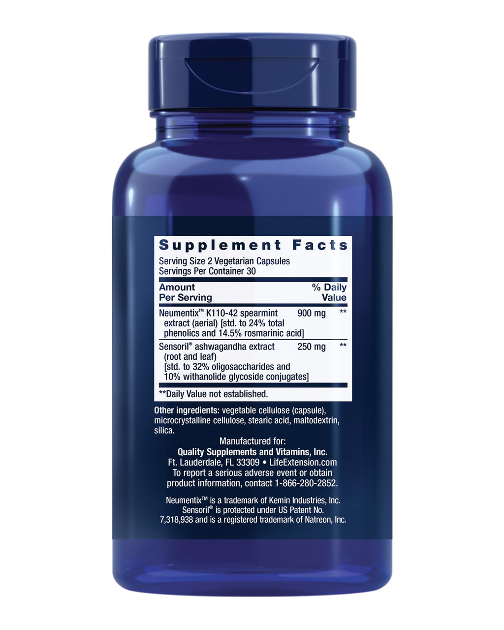 Life Extension Ashwagandha Plus 60 capsules supplement facts label