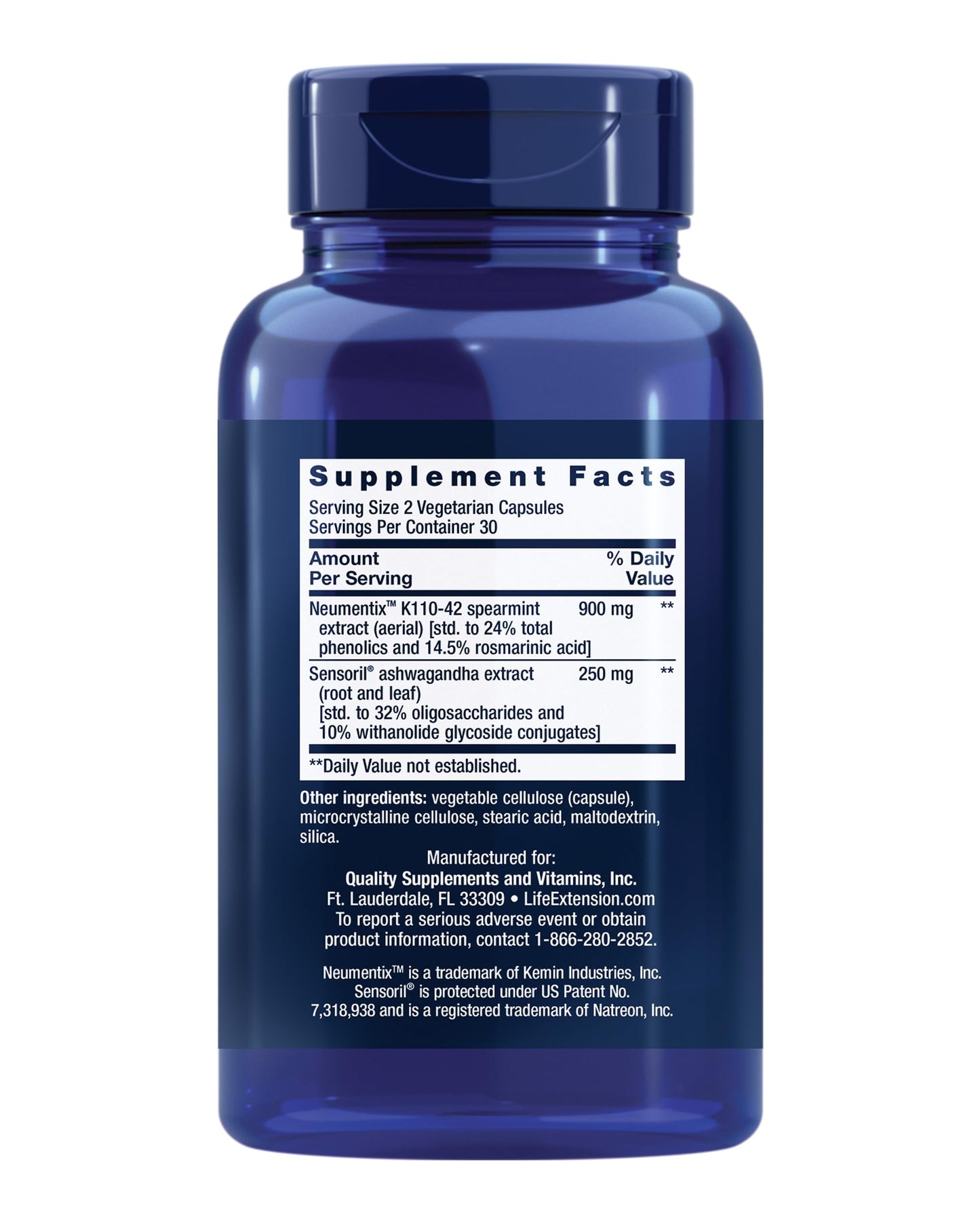 Life Extension Ashwagandha Plus 60 capsules supplement facts label