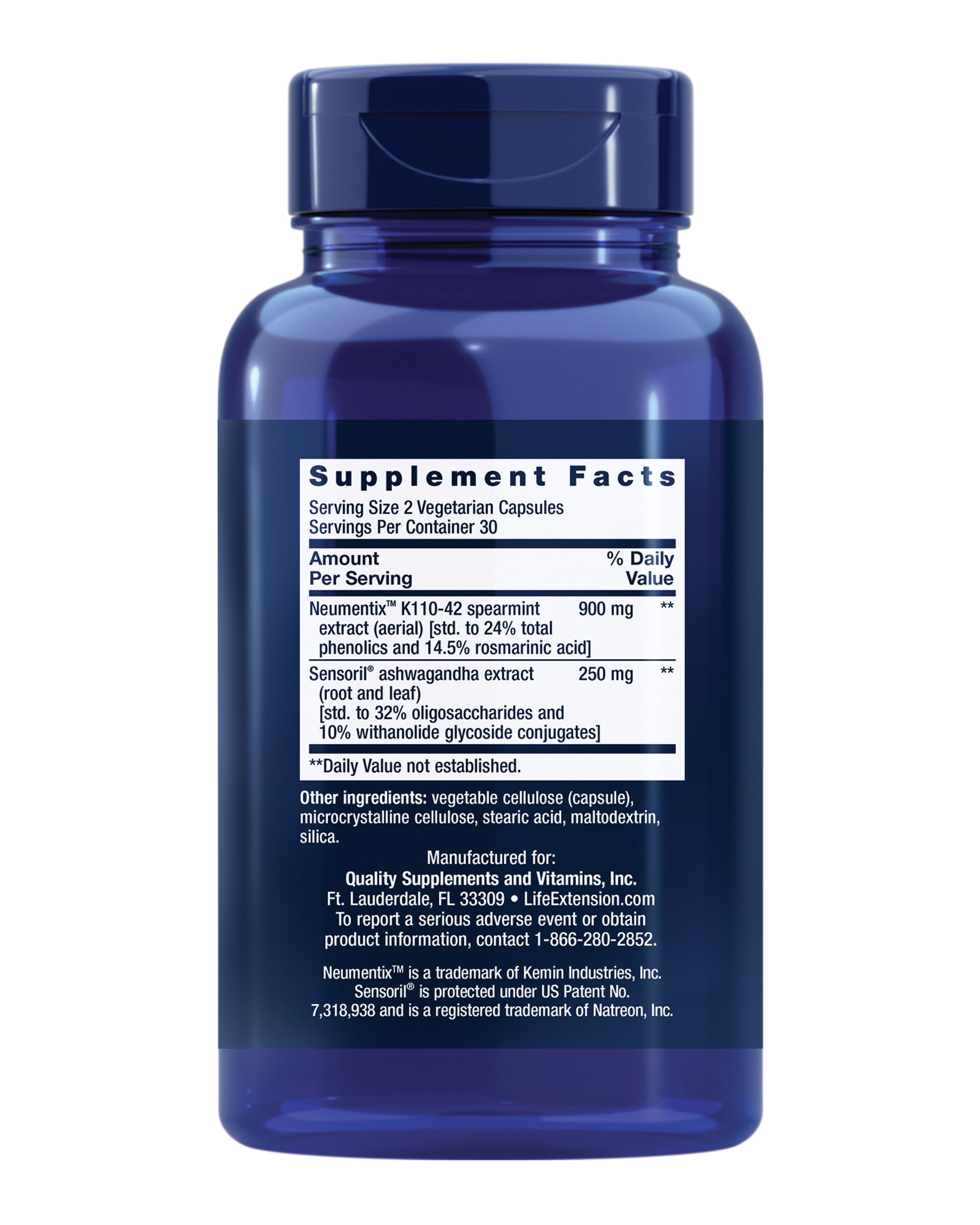 Life Extension Ashwagandha Plus 60 capsules supplement facts label