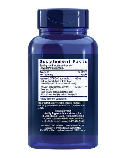 Life Extension Ashwagandha Plus 60 capsules supplement facts label