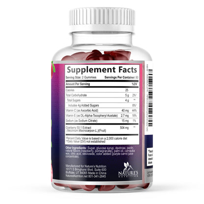 Nature's Nutrition Cranberry Extract Gummies non-gmo and gluten-free label