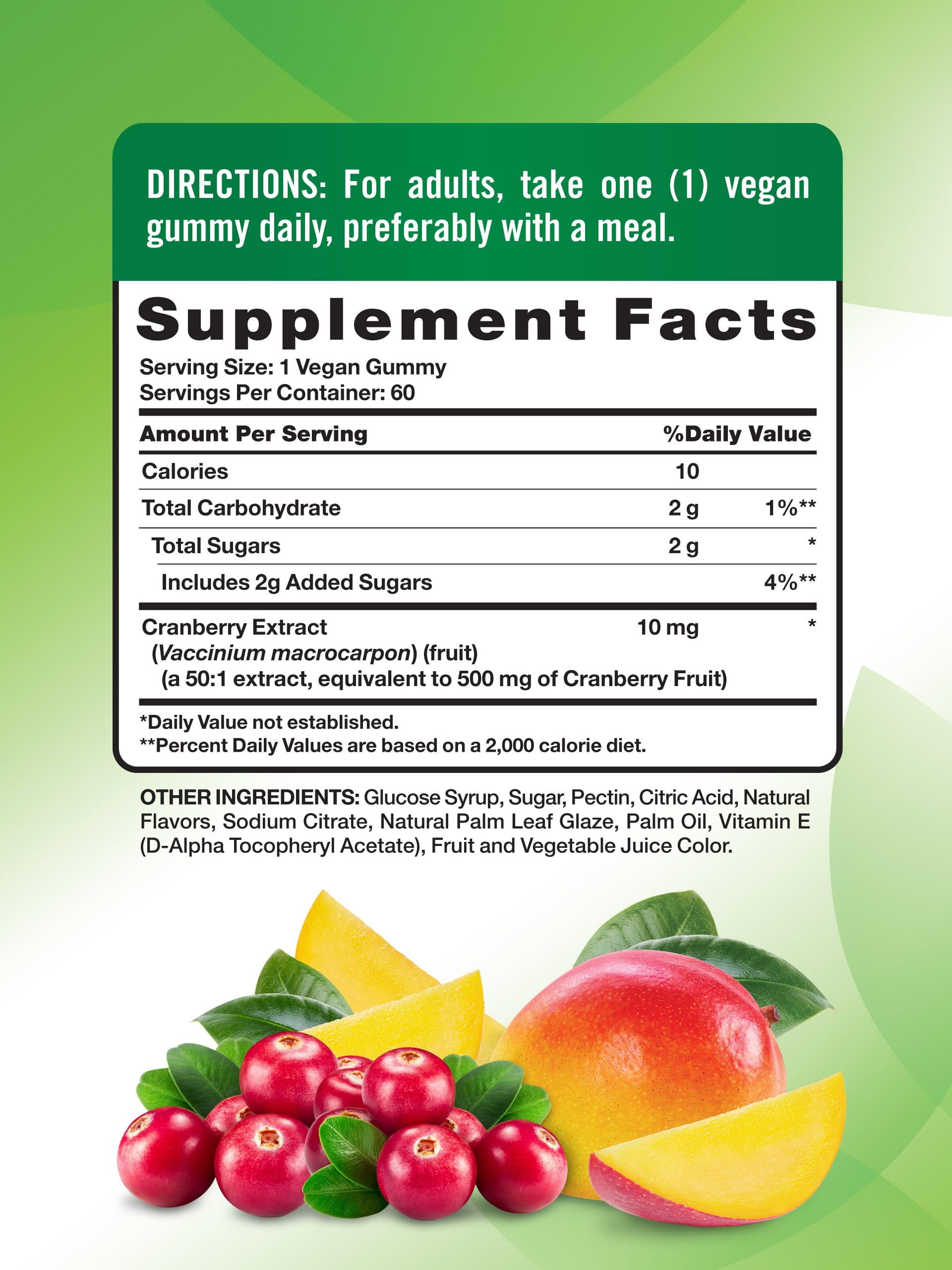 Nature's Truth Cranberry Mango Vegan Cleansing Supplement 60 Gummies supplement facts label
