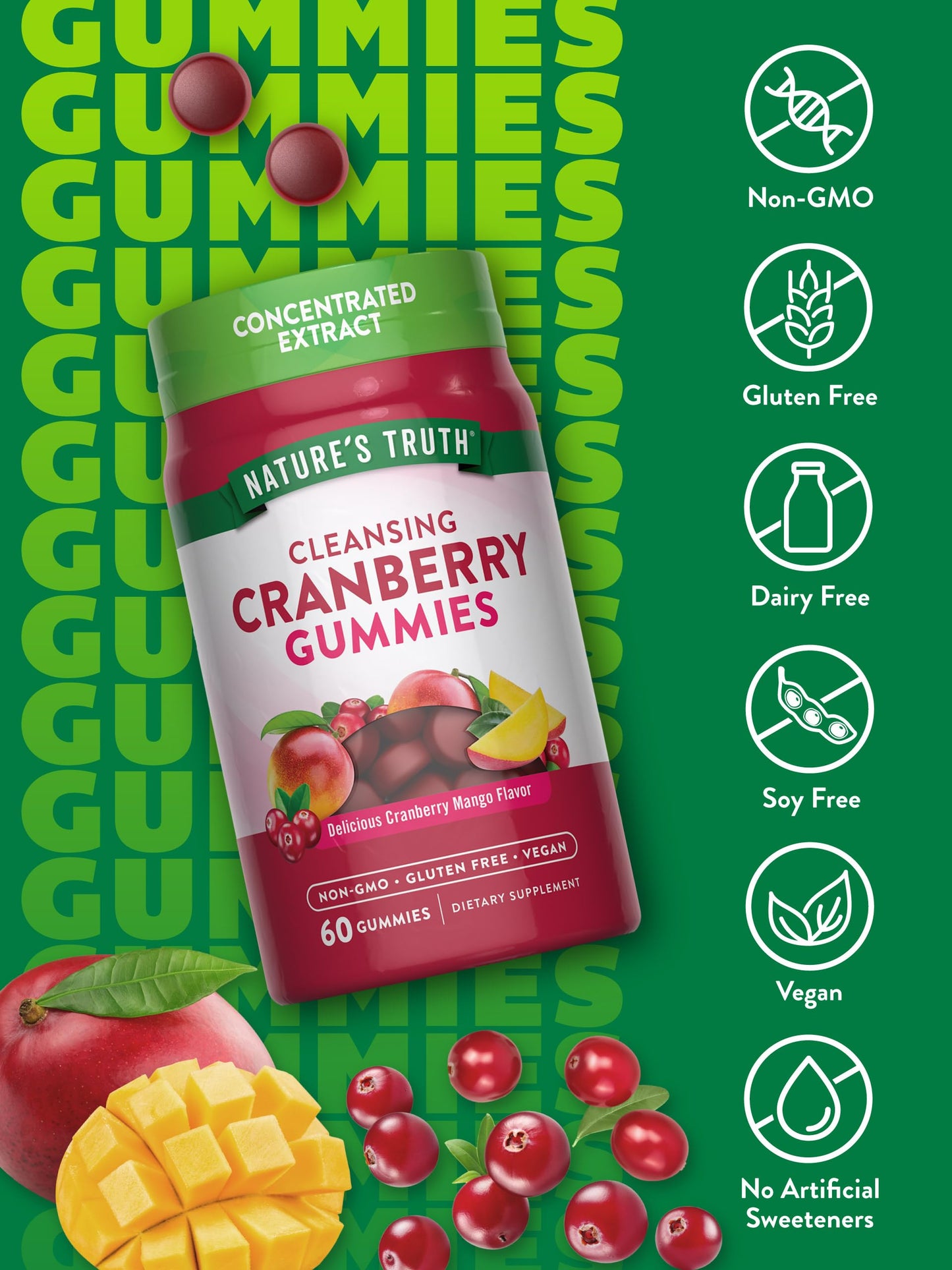 Nature's Truth Cranberry Mango Vegan Cleansing Supplement 60 Gummies nutritional information