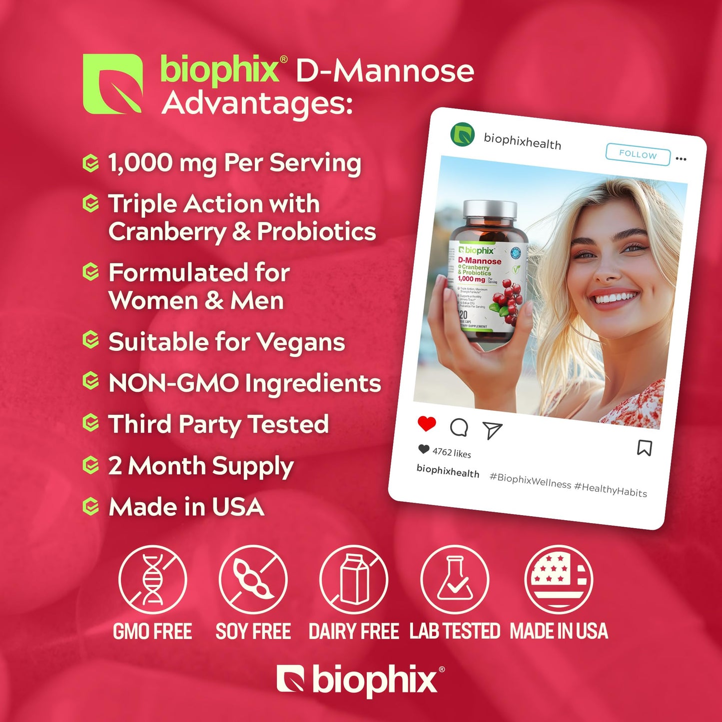 Biophix D-Mannose cranberry probiotics bottle back side