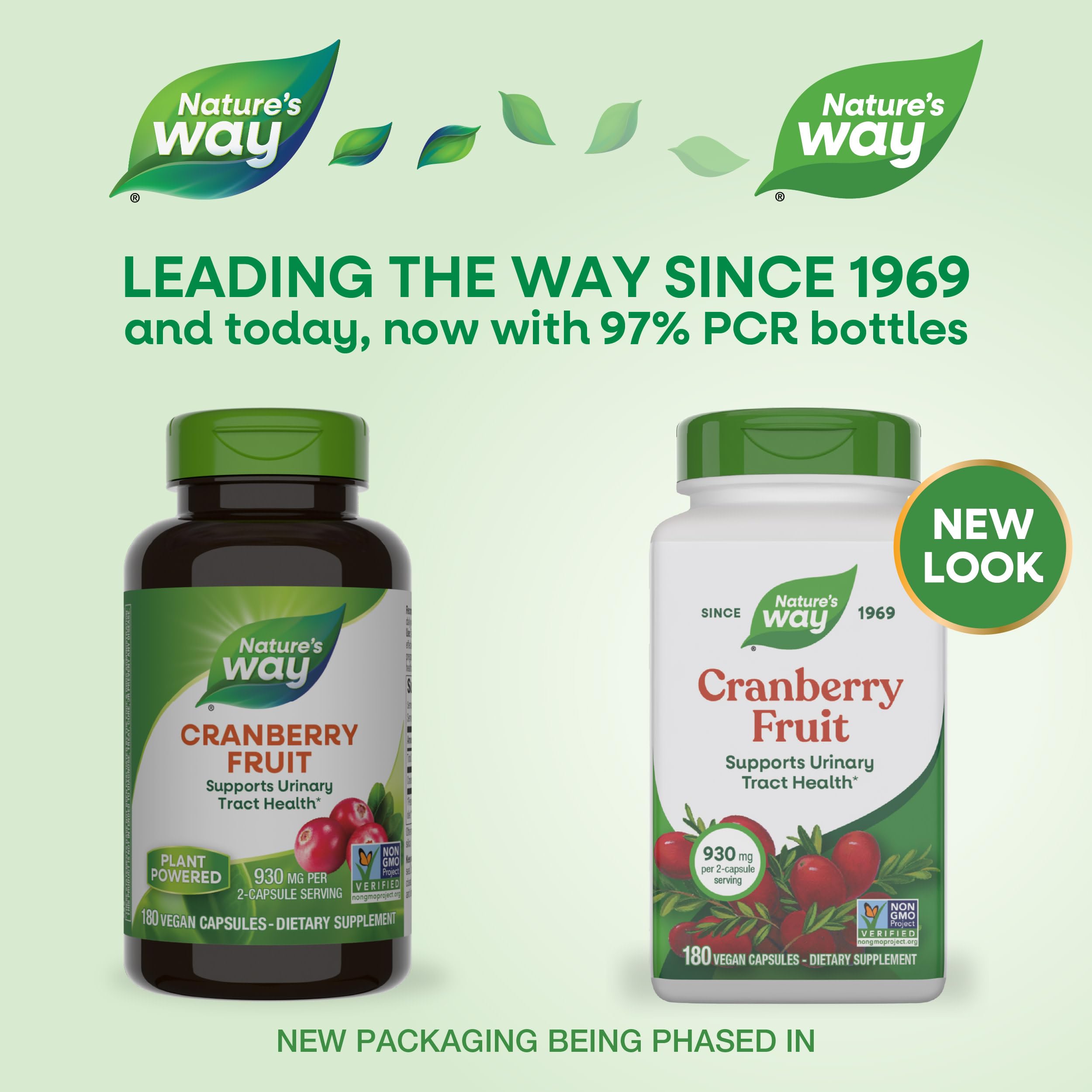 Side angle of Nature's Way Cranberry supplement bottle highlighting the 930 milligrams whole fruit formula.