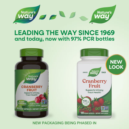 Side angle of Nature's Way Cranberry supplement bottle highlighting the 930 milligrams whole fruit formula.