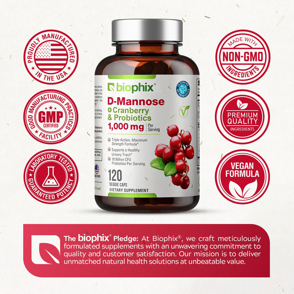 Biophix D-Mannose 1000mg 120 capsules and bottle