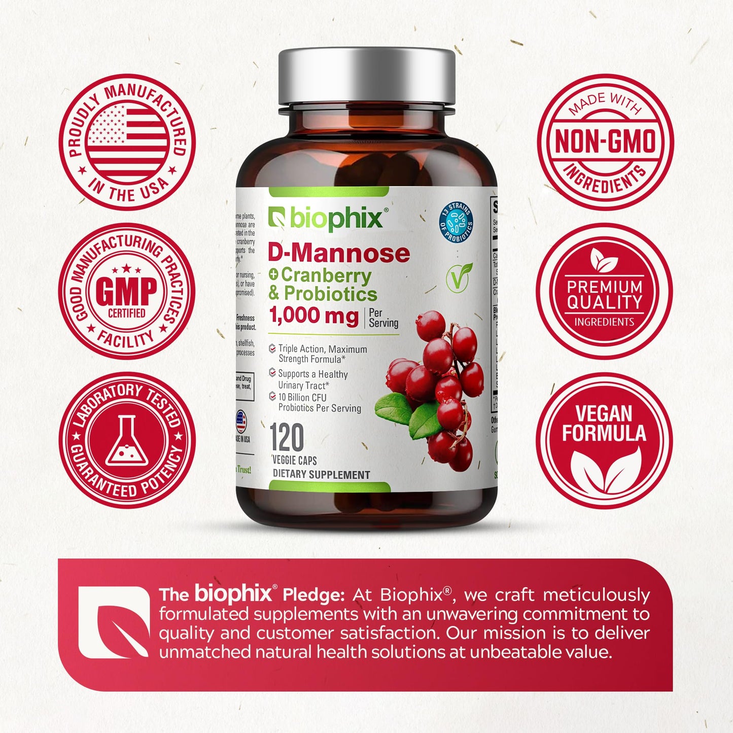 Biophix D-Mannose 1000mg 120 capsules and bottle