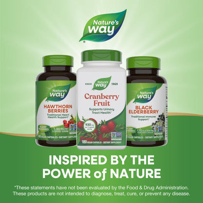 Product packaging for Nature's Way Cranberry Fruit emphasizing its gluten-free and dairy-free purity features.