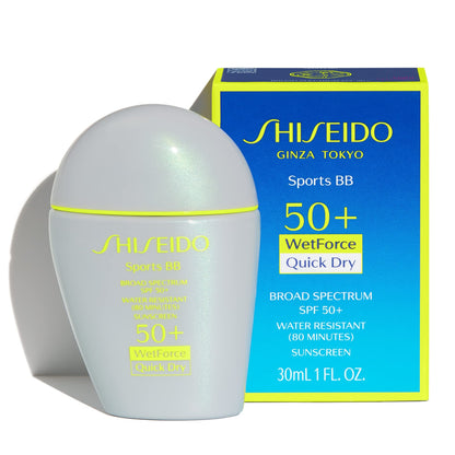 Shiseido tinted sports BB sunscreen fluid texture demonstration showing smooth and natural coverage.