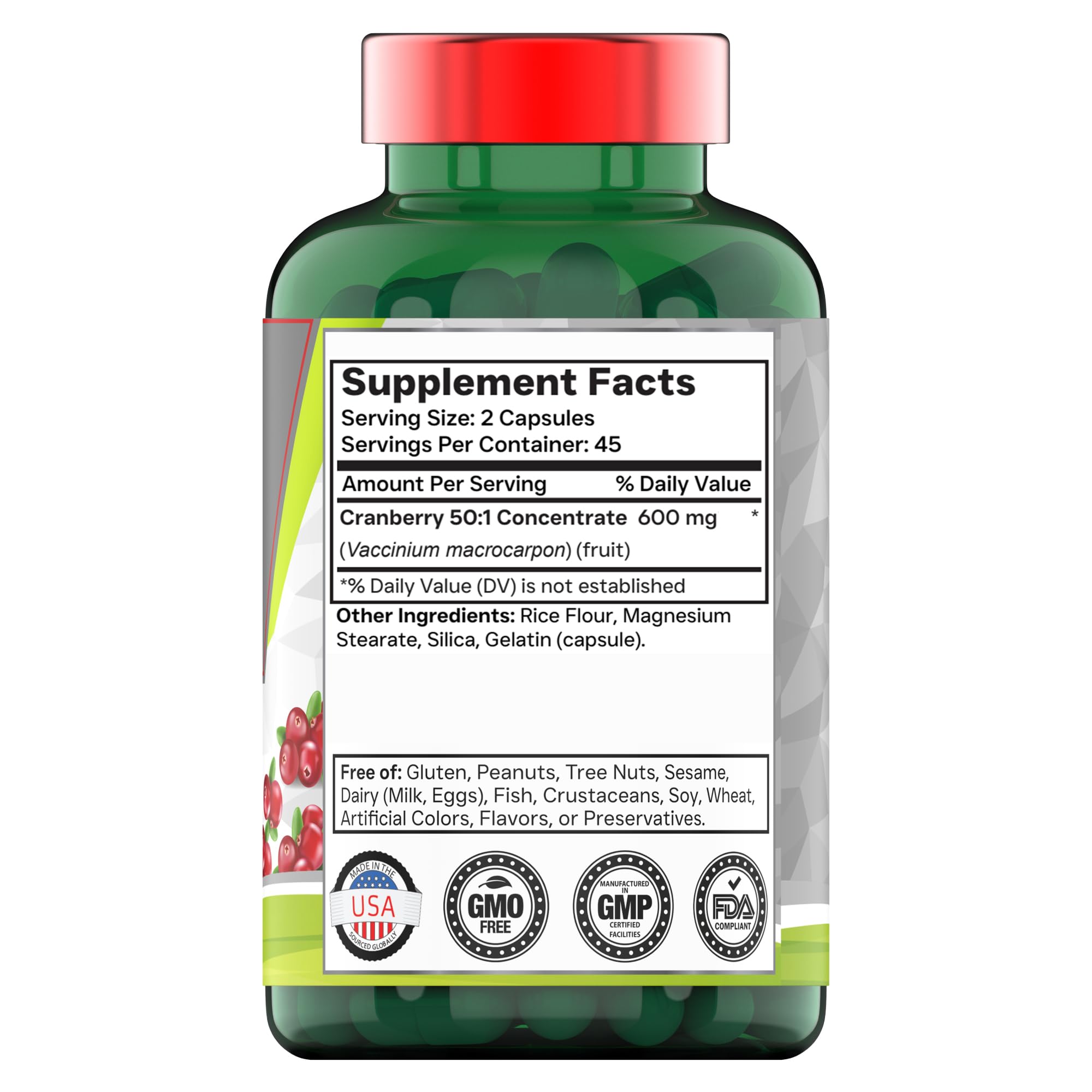 TNVitamins Cranberry Supplement Bottle Back Label Details