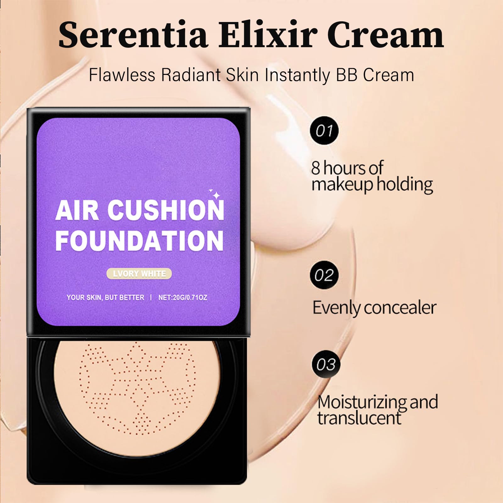 Serentiaelixir BB cream open compact showing air cushion mesh