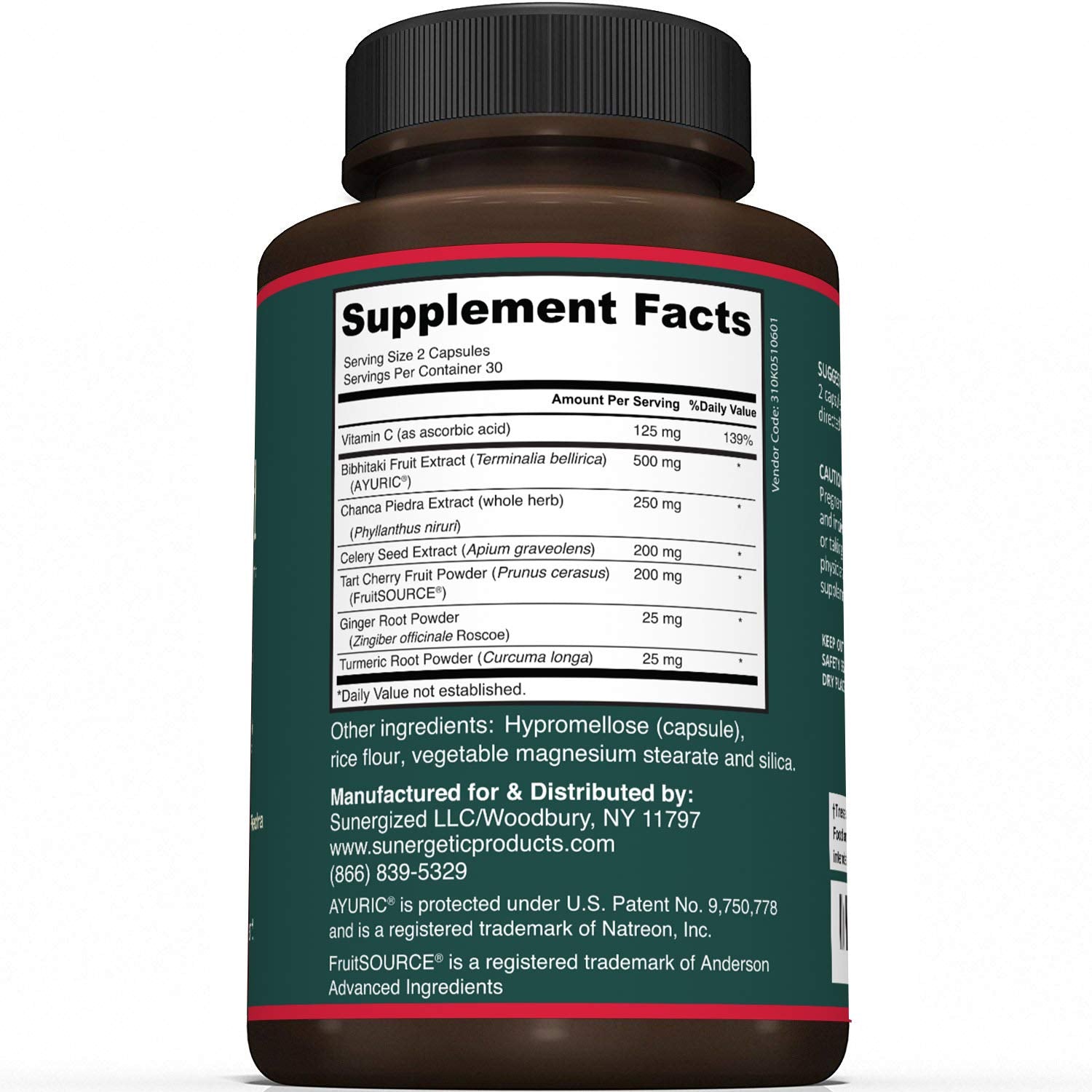 Sunergetic Uric Acid Support Supplement Capsule Bottle Ingredients