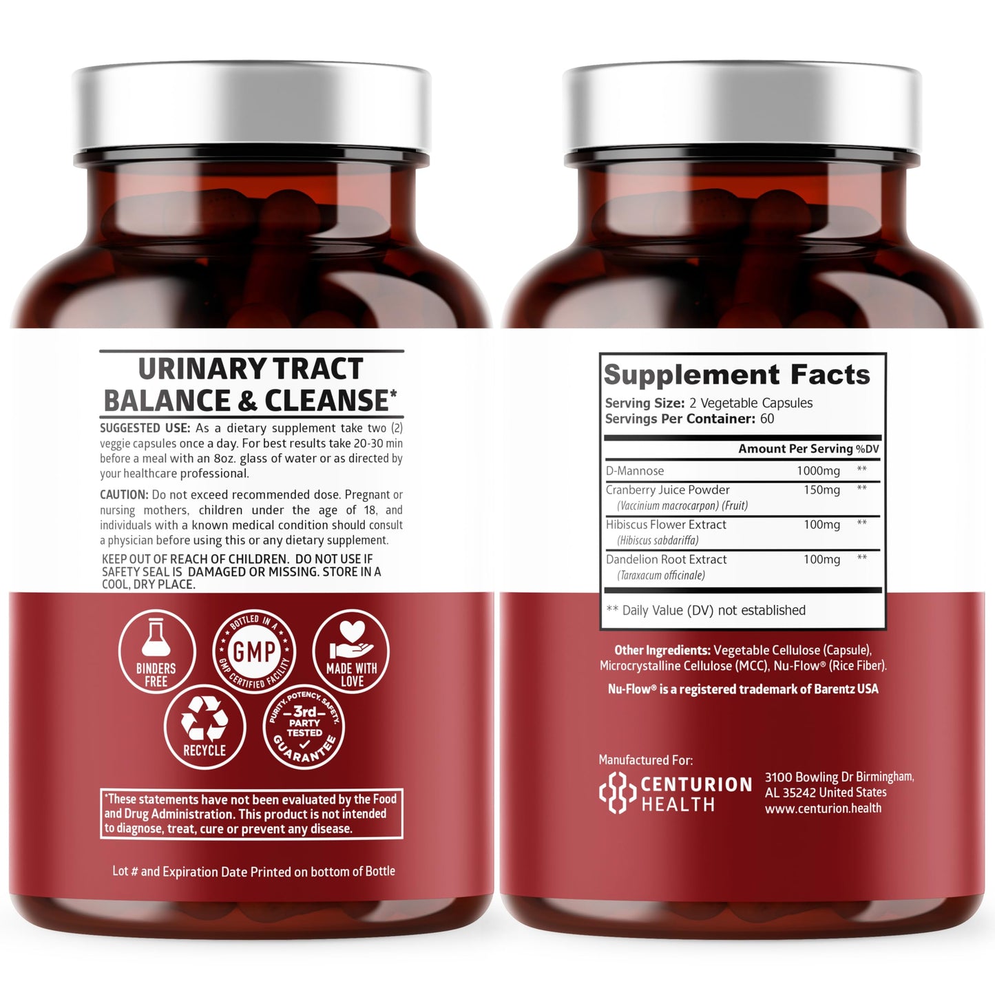 Number One Nutrition Premium D-Mannose 120 Capsules Supplement Facts Label