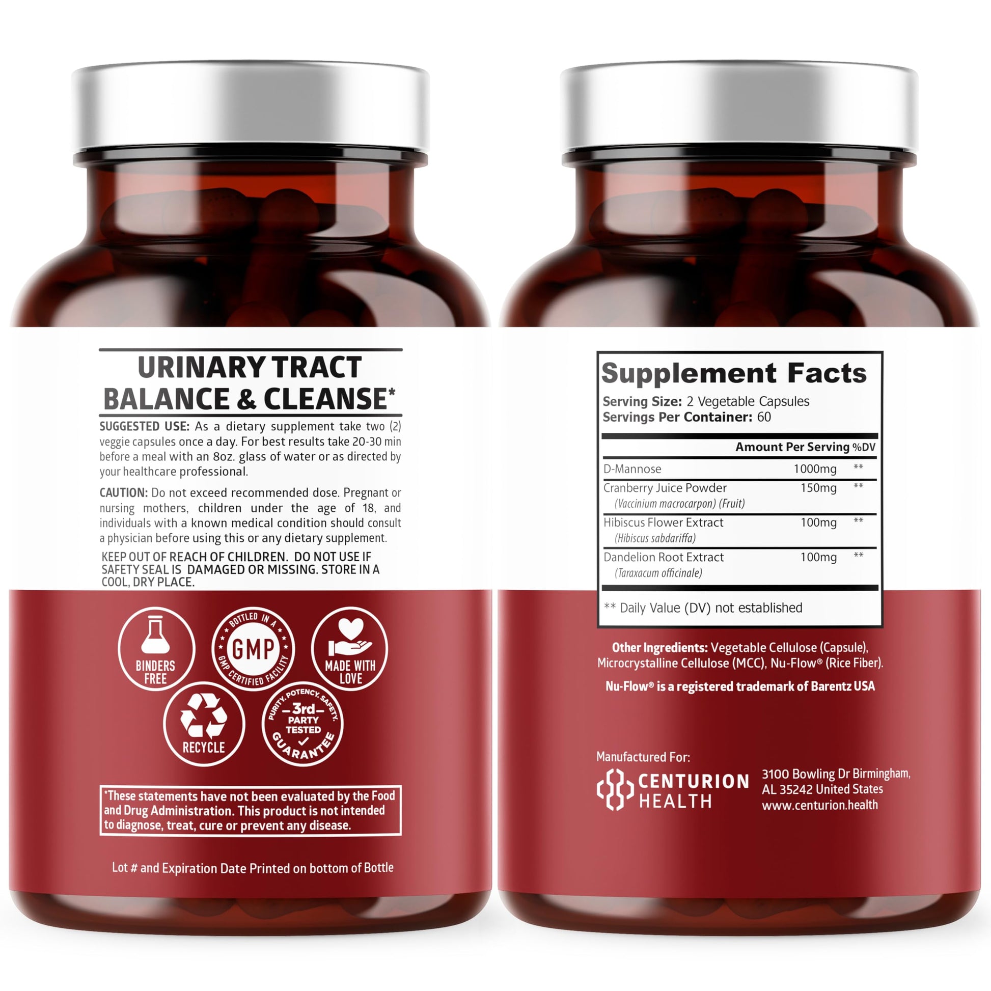 Number One Nutrition Premium D-Mannose 120 Capsules Supplement Facts Label