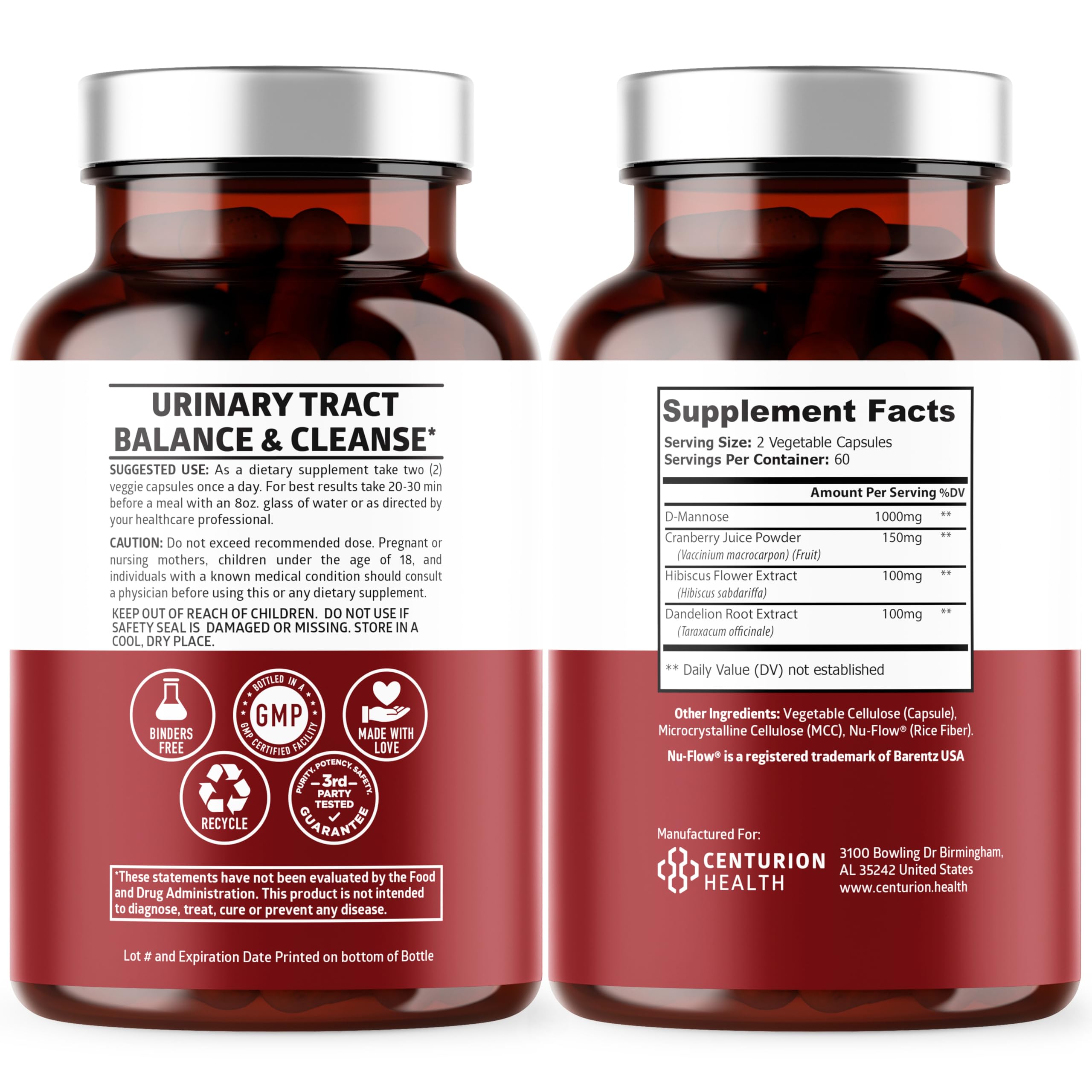 Number One Nutrition Premium D-Mannose 120 Capsules Supplement Facts Label