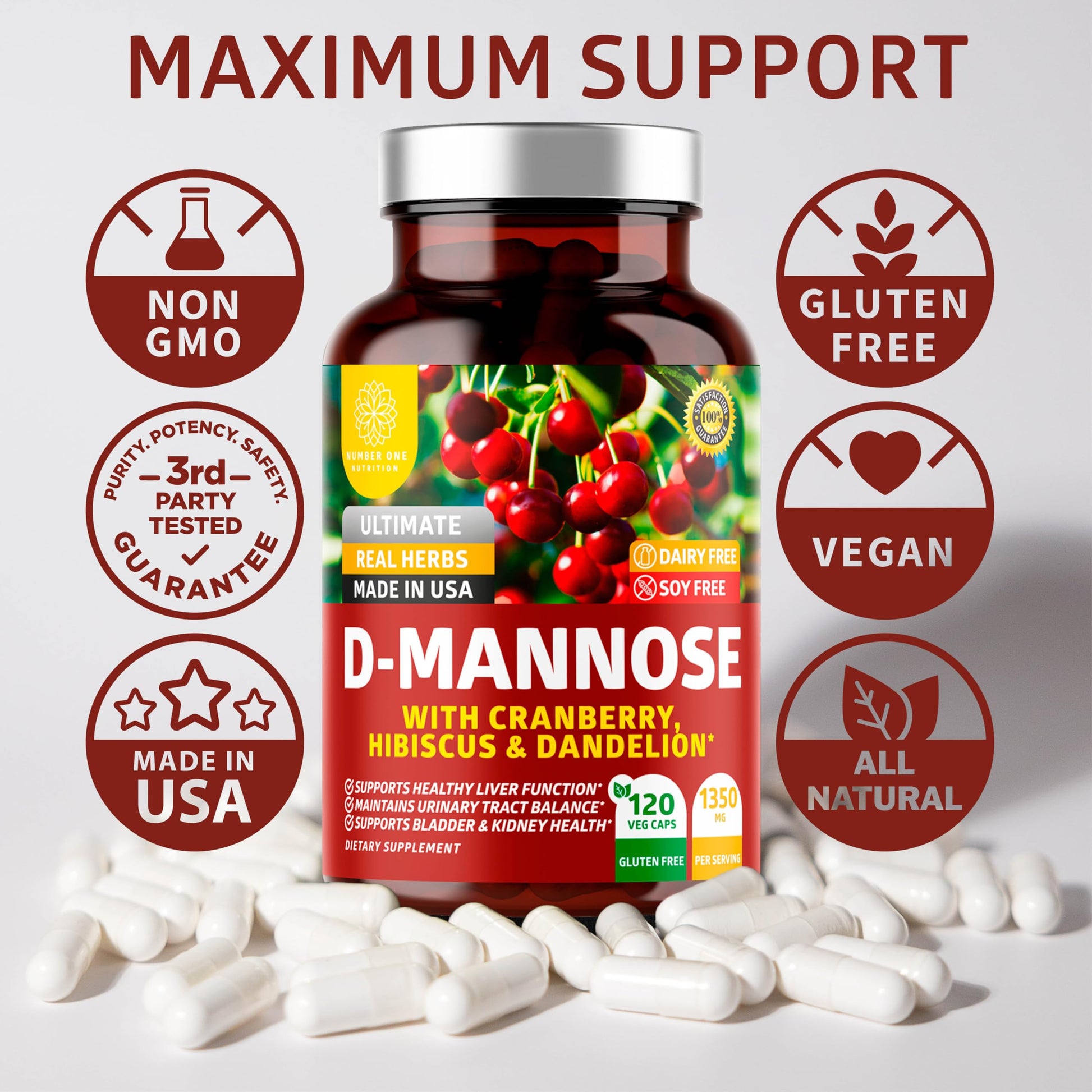 Number One Nutrition Premium D-Mannose 120 Count Package Bottom View