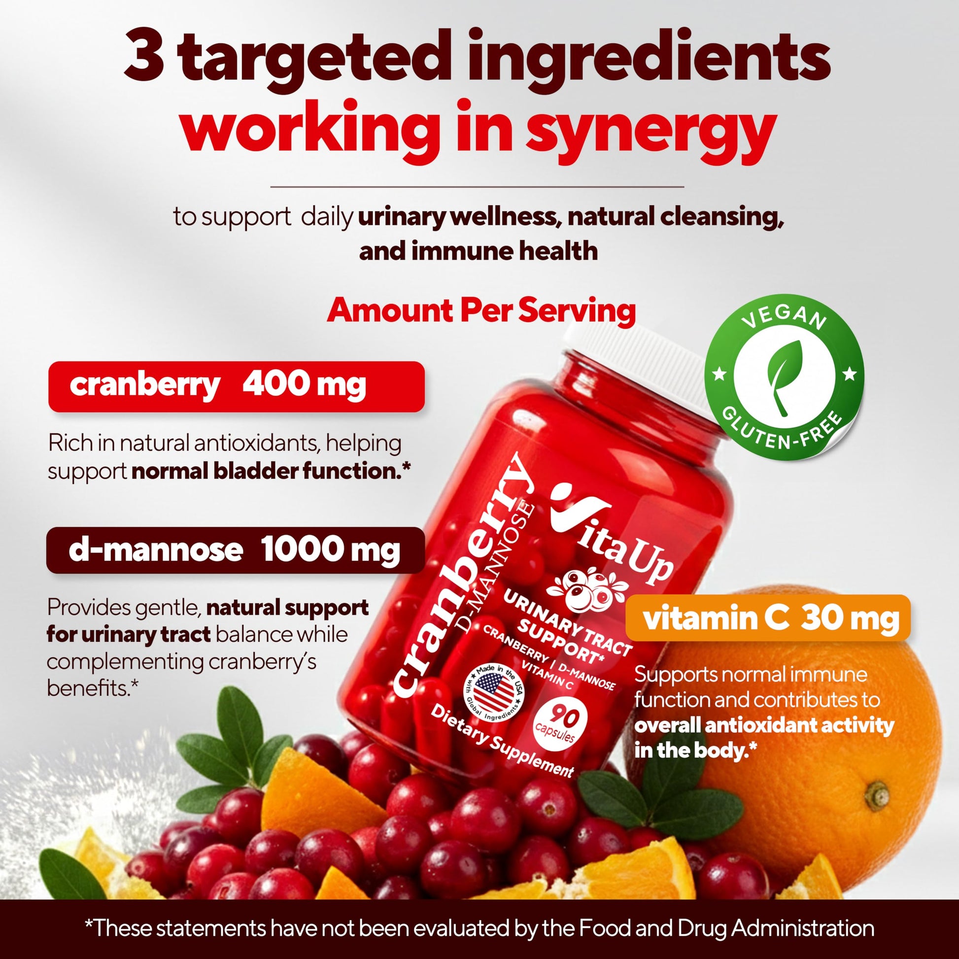 VitaUp USA made vegan D-Mannose capsules supplement facts