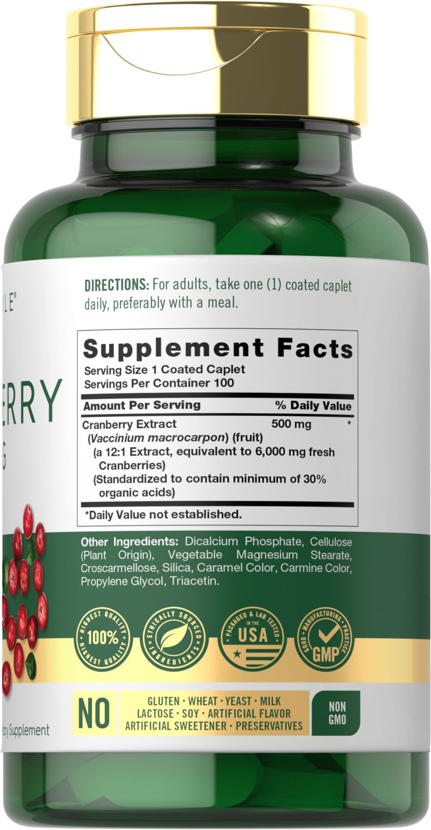 Carlyle Cranberry Supplement Non-GMO Label Details