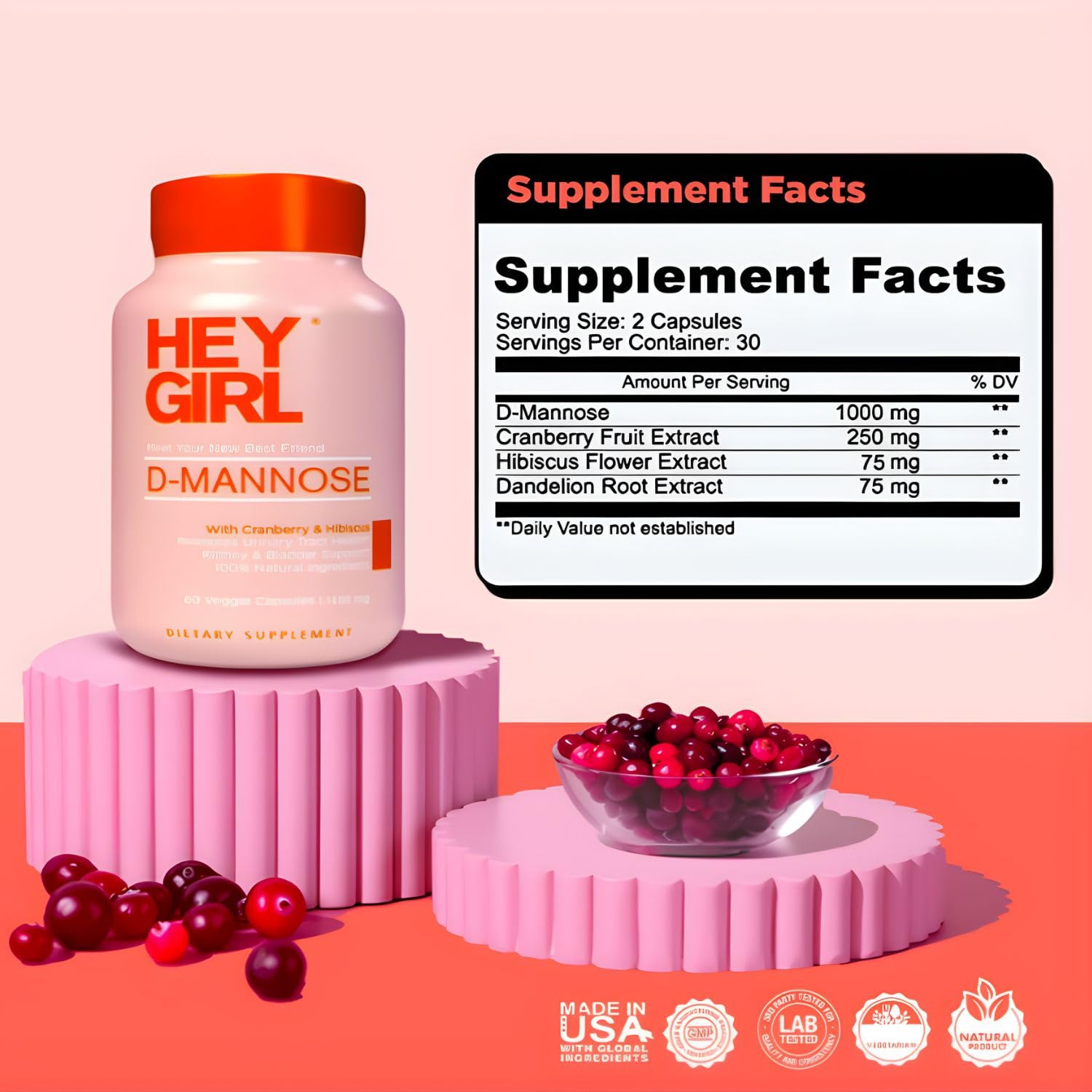 Hey Girl Nutrition Fast-Acting D-Mannose 4-in-1 UTI Support Supplement Facts