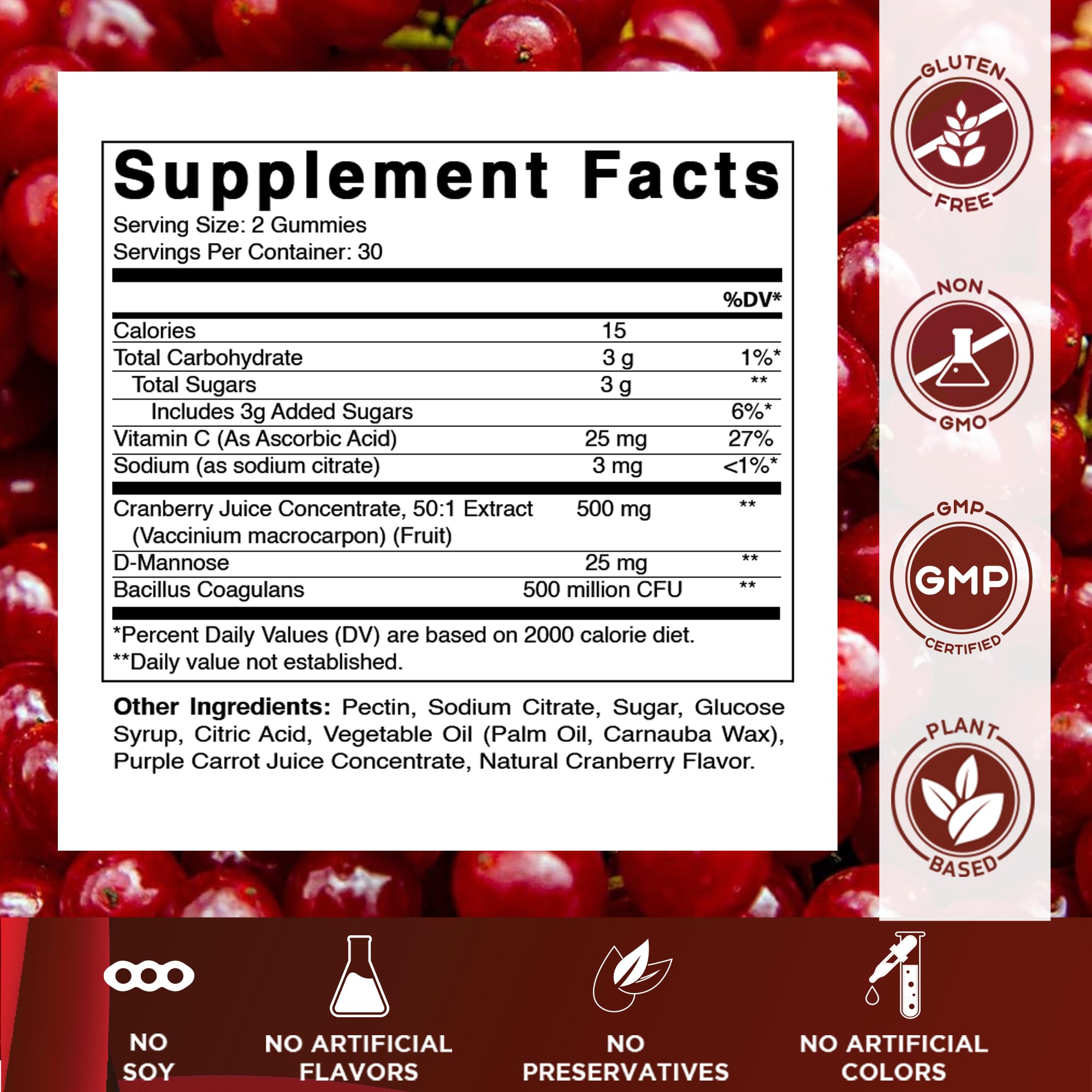 Vitamatic Cranberry Probiotic Gummies Supplement Facts Label