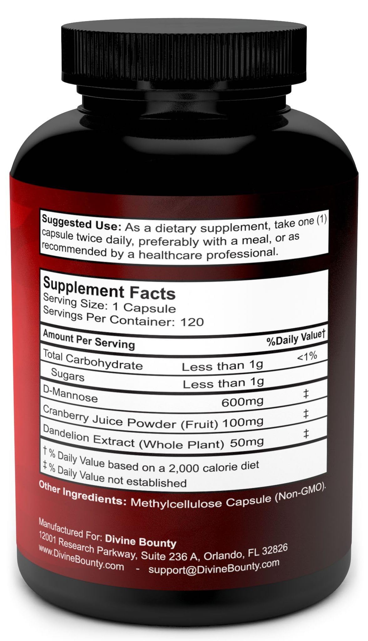 Divine Bounty D-Mannose vegetarian capsules bottle nutritional support
