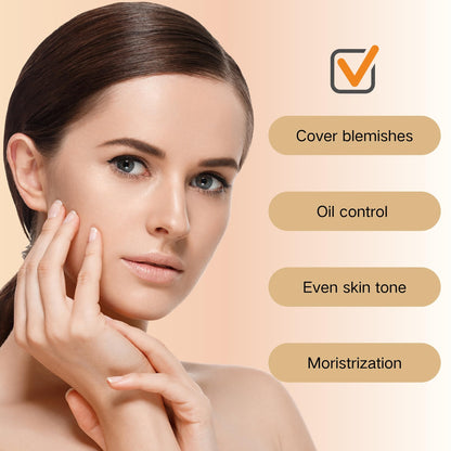 Premium imported USA beauty balm sunscreen concealer tube presented next to its soft circular makeup puff companion.