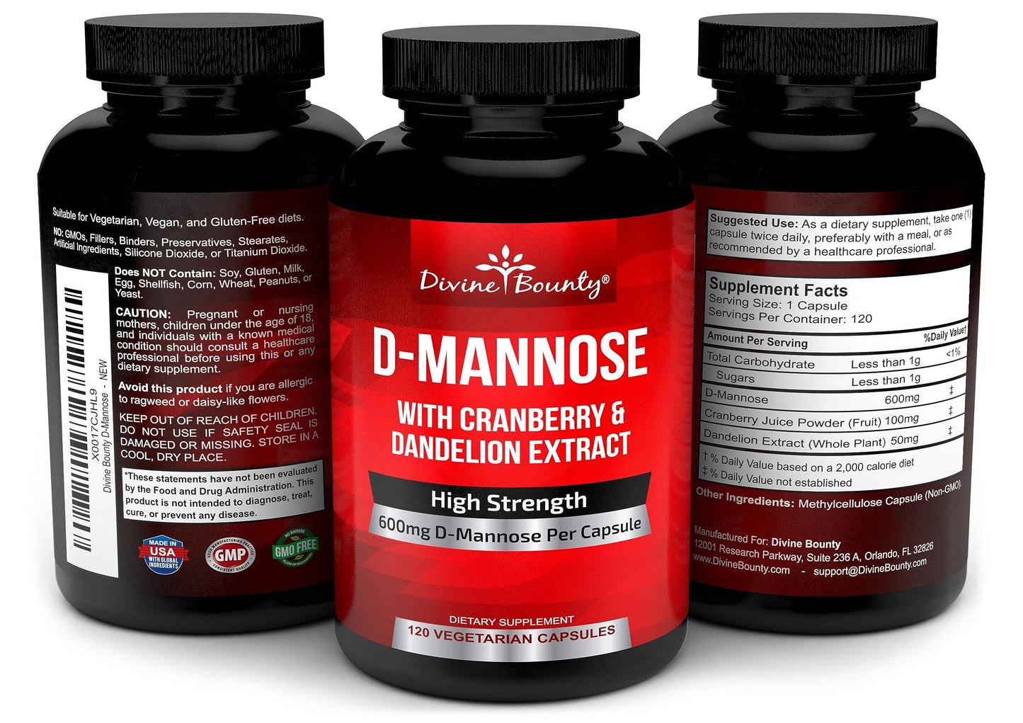 Authentic USA imported Divine Bounty D-Mannose supplement bottle