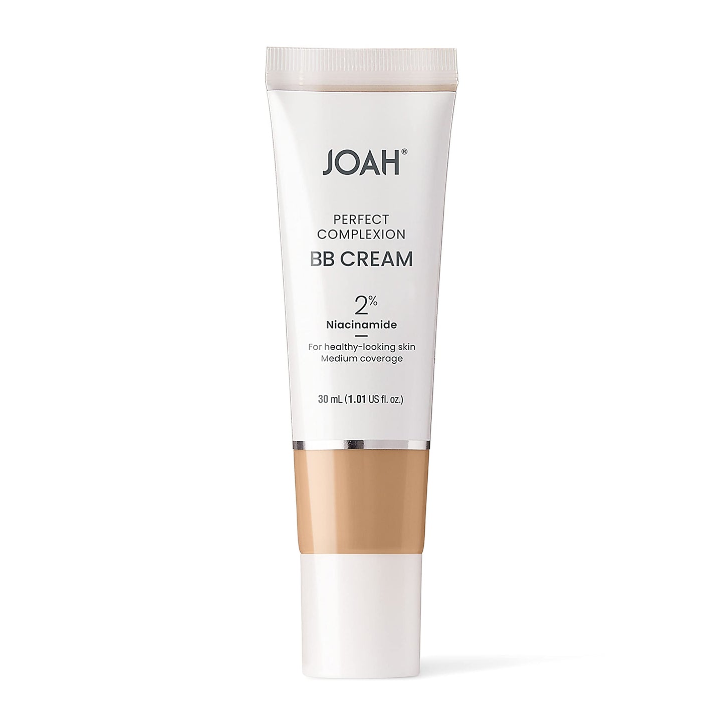 JOAH Beauty BB cream bottle angled view detailing the hyaluronic acid and niacinamide skincare benefits.