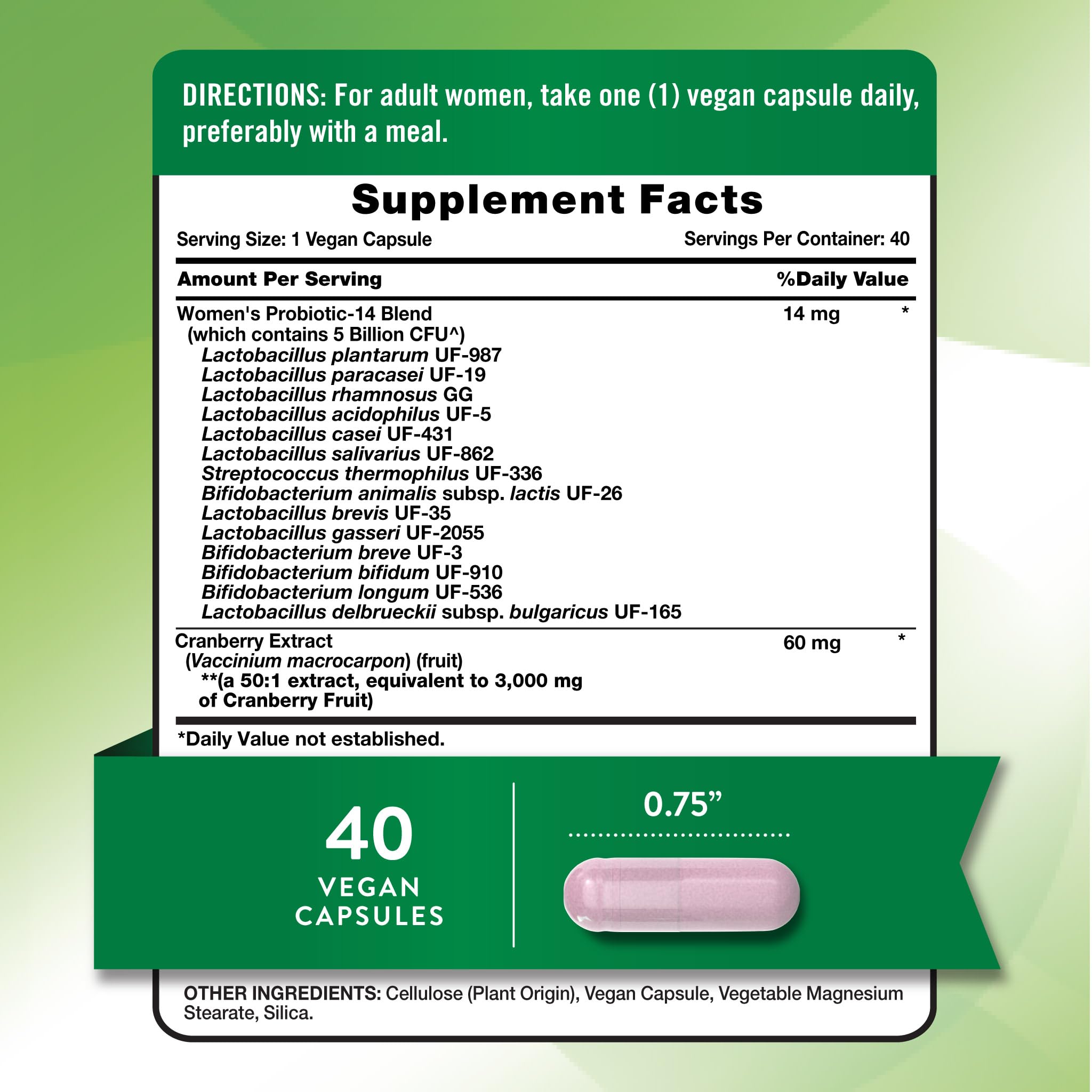 Nature's Truth Women's Probiotic With Cranberry Supplement Facts Label