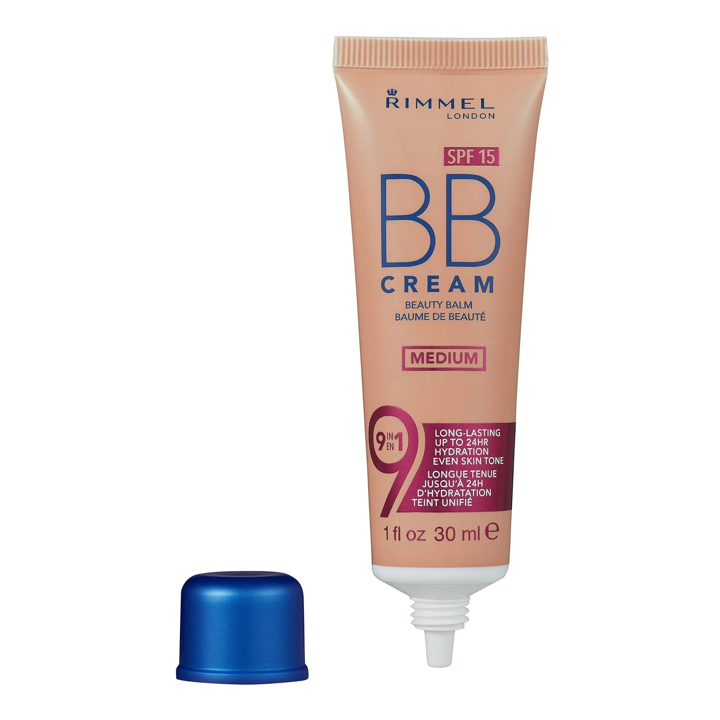 Rimmel London 9 in 1 skin perfecting super makeup product tube on a clean backdrop