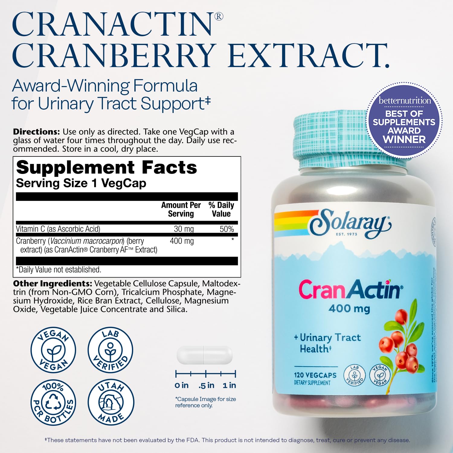 Solaray CranActin 400 mg supplement label showing ingredients and facts