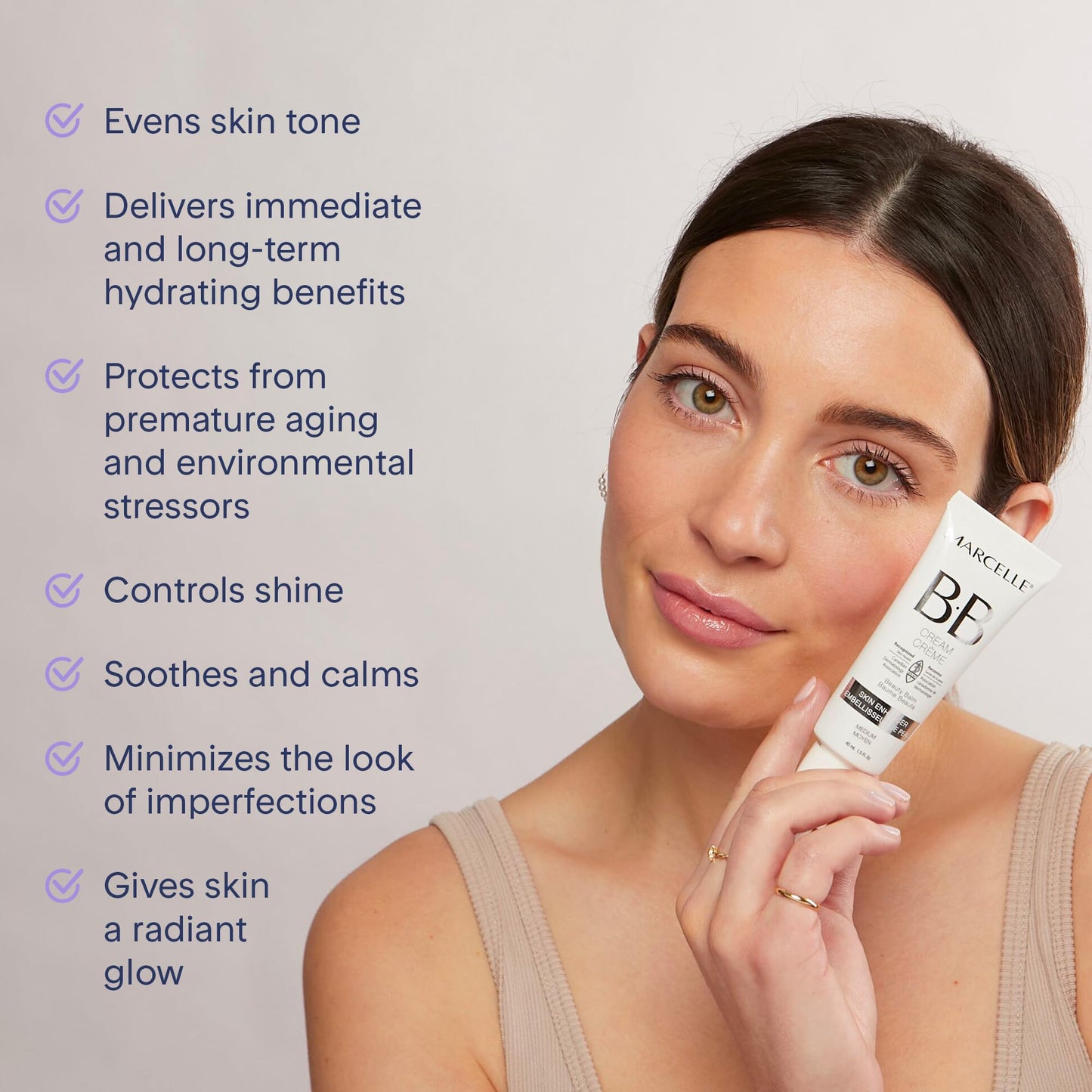 Back label of Marcelle BB Cream displaying full ingredients list and instructions