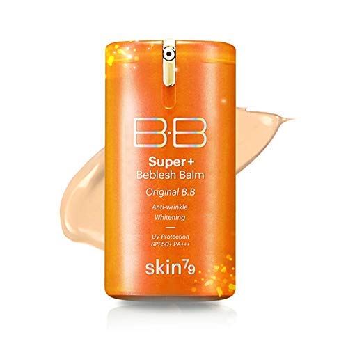 Side angle view of Skin79 Super Plus Beblesh Balm Orange shade number 21 container with vitamin complex specifications.