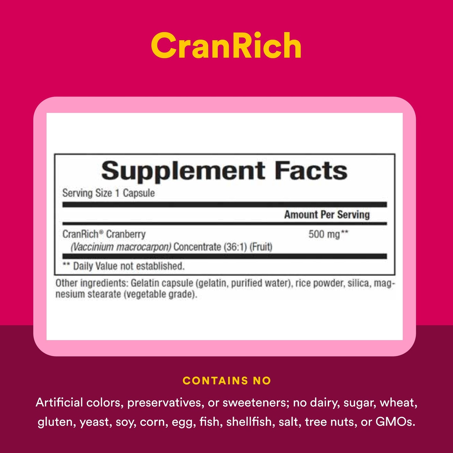 Authentic USA imported Natural Factors Cranberry Concentrate 180 capsules packaging side view showing directions for use