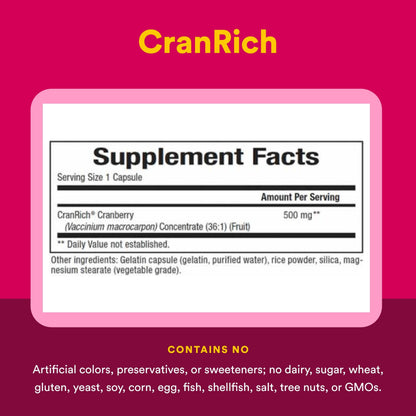 Authentic USA imported Natural Factors Cranberry Concentrate 180 capsules packaging side view showing directions for use