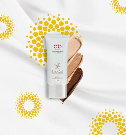 LifeCell tinted anti aging beauty balm Medium shade tube showing broad spectrum zinc oxide benefits
